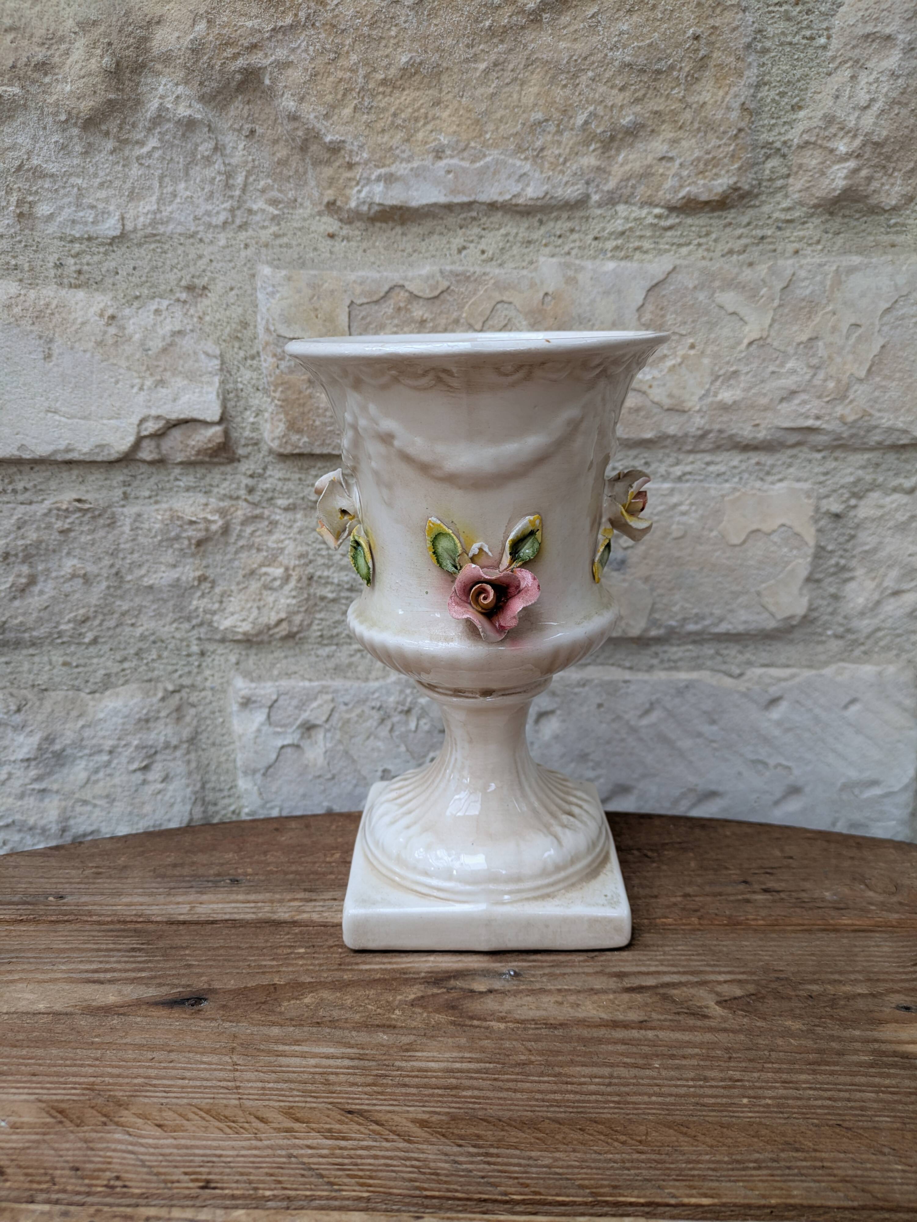 Antique Italian ceramic vase in slip style with rose decoration