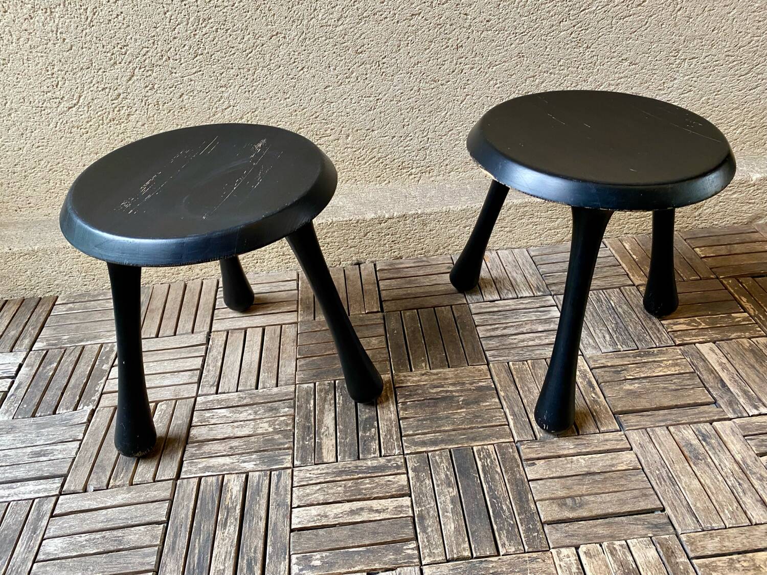 Pair of Ingvar Kamprad design tripod low stools, Habitat edition