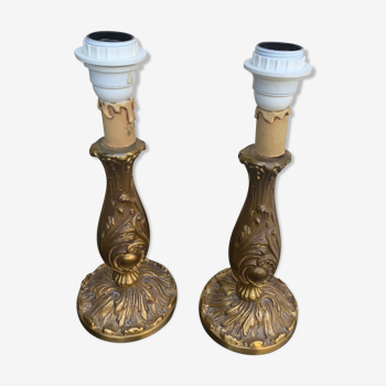 Paire de lampes de table en laiton ciselé motif de feuillage vintage