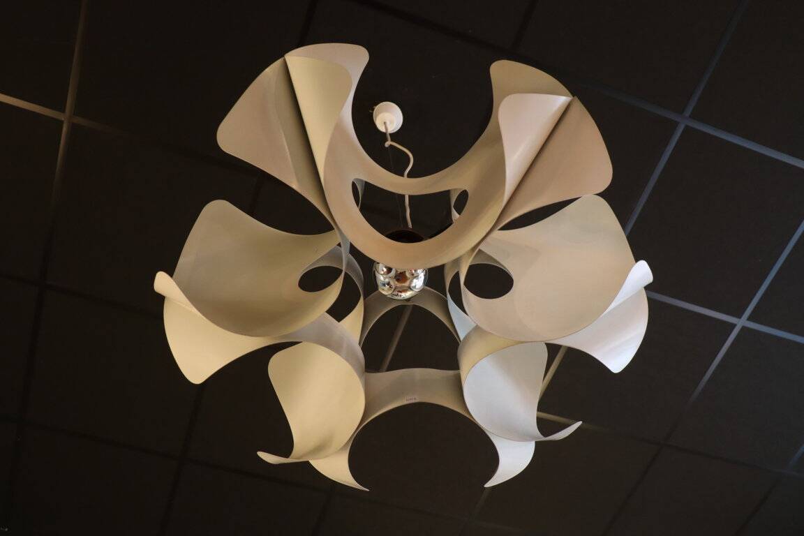 Space Age pendant lamp by Jean D'Imbleval in white lacquered aluminum, 1970