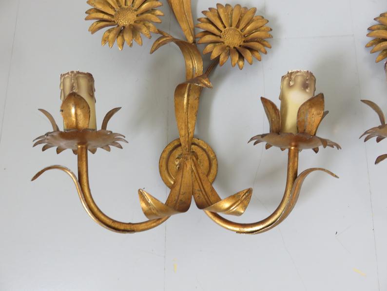 Series of 3 flower appliques "sunflowers" in 70s gold metal