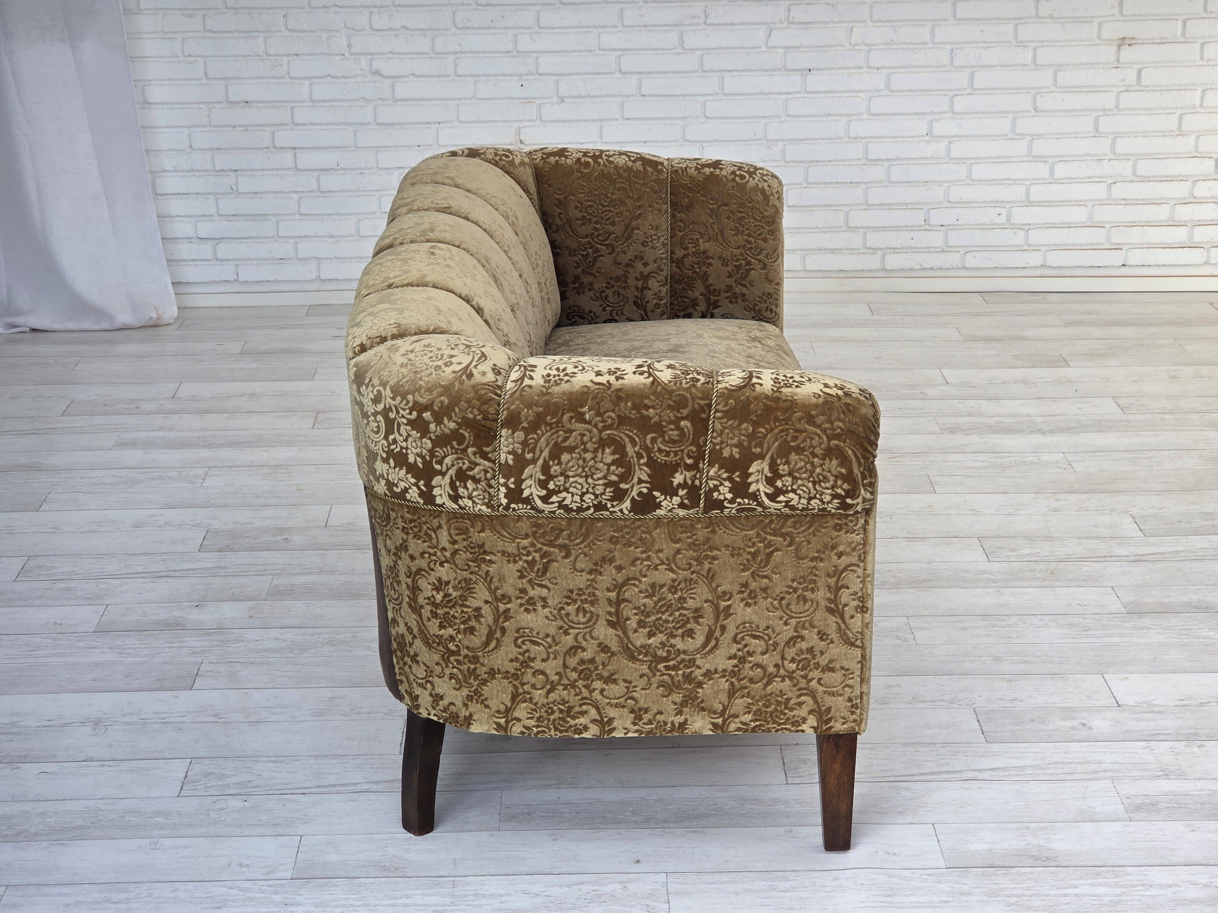 1960s, 3-seater Danish sofa, green furniture velour, ash wood legs.