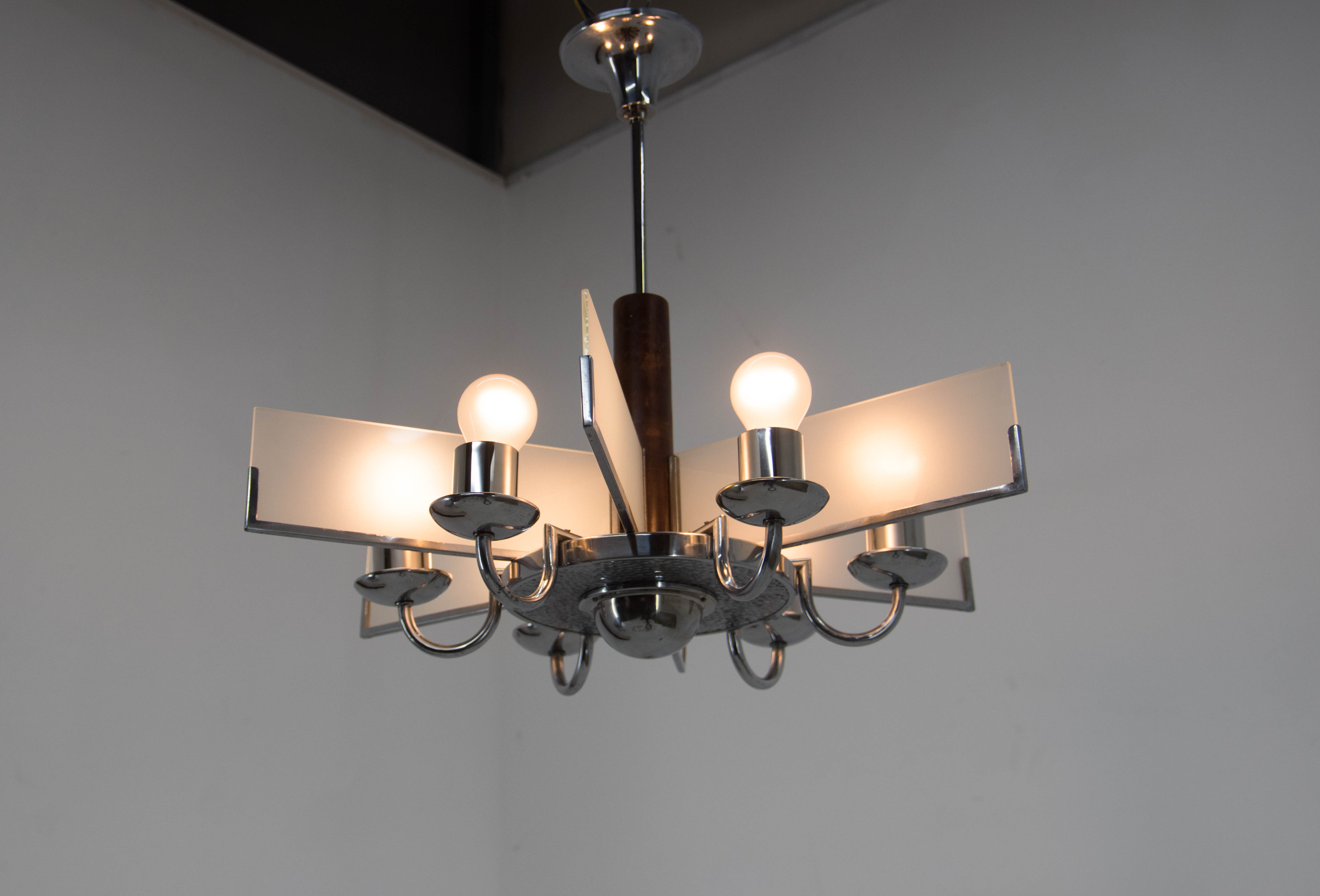 Art Deco Chandelier Made of Chrome, Wood and Sandblasted Glass, 1940s