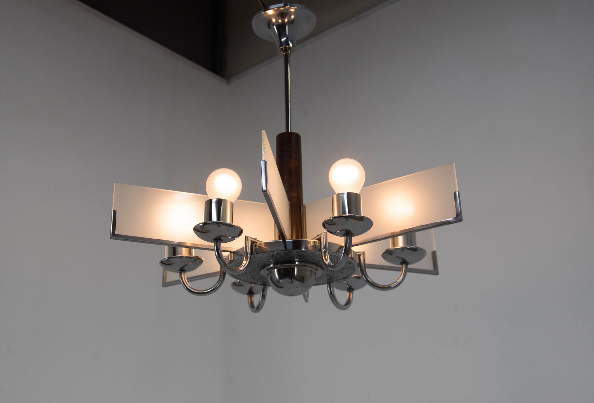 Art Deco Chandelier Made of Chrome, Wood and Sandblasted Glass, 1940s