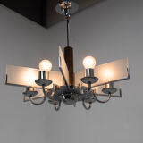 Art Deco Chandelier Made of Chrome, Wood and Sandblasted Glass, 1940s