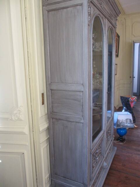 Antique carved buffet display cabinet with gray patina