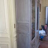 Antique carved buffet display cabinet with gray patina