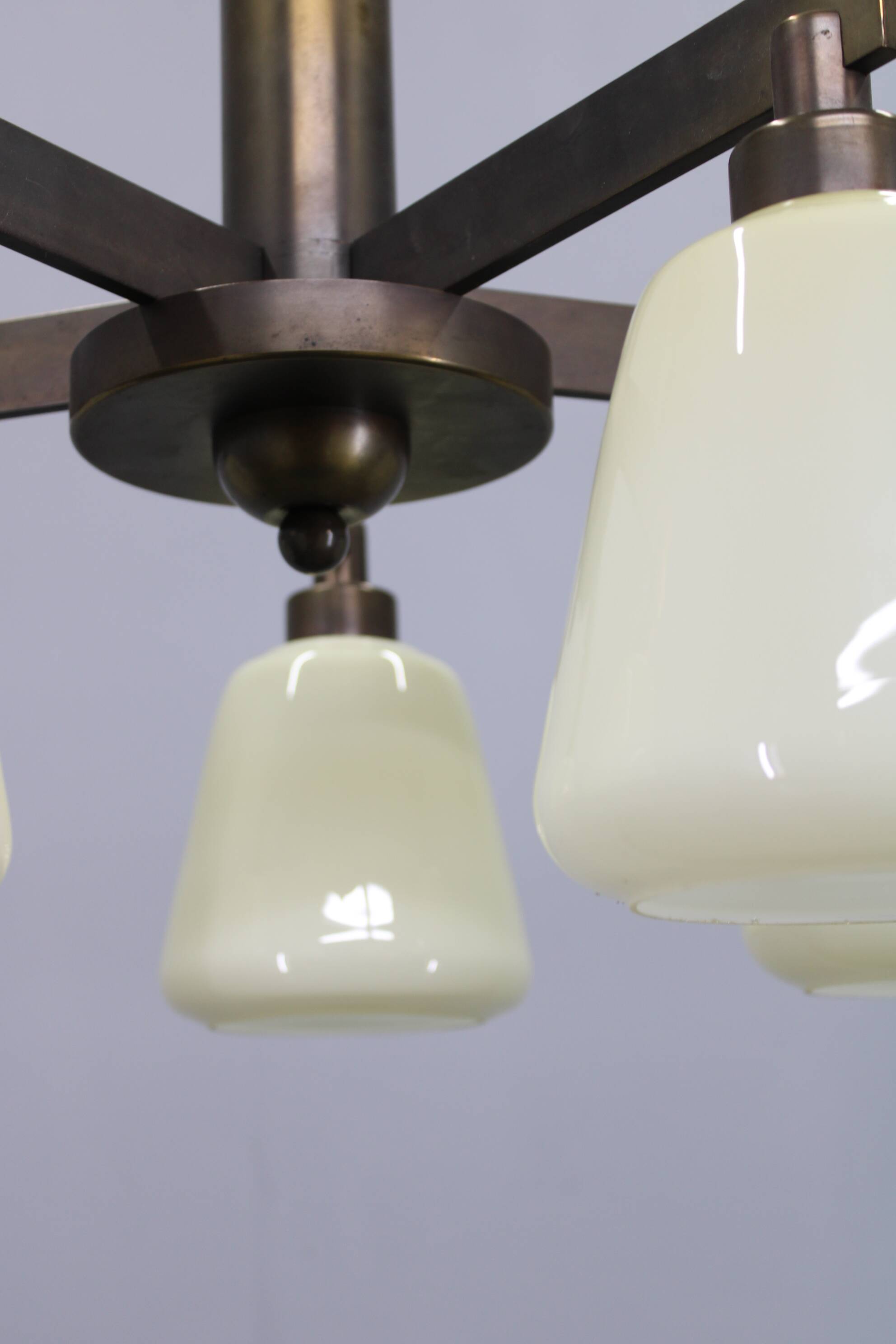 1930s Art Deco Brass Chandelier, Czechoslovakia