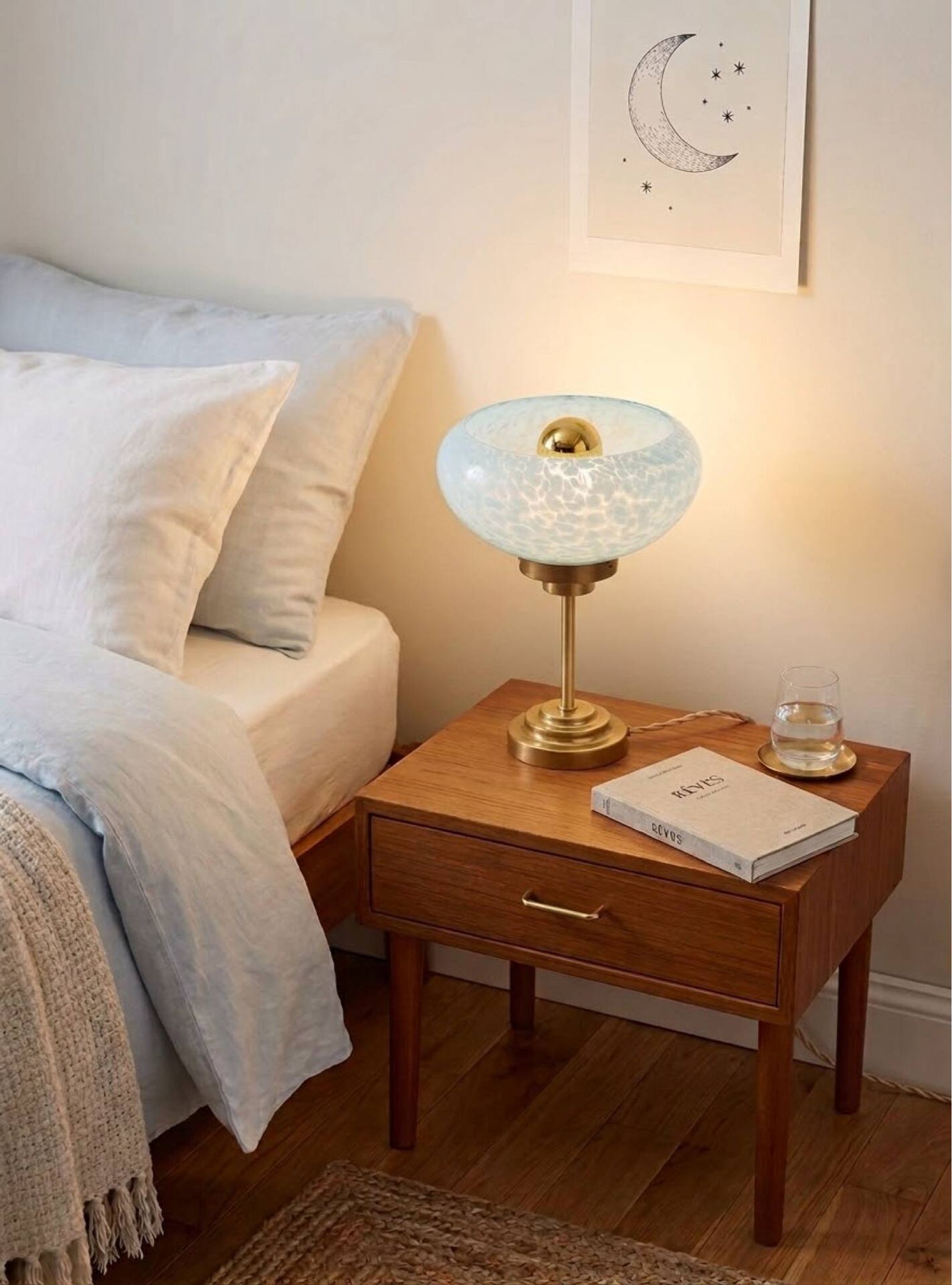 Vintage table lamp in blue Clichy glass & patinated brass