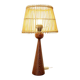 Wooden table lamp in the shape of a bowling pin with a bamboo shade from the 1960s.