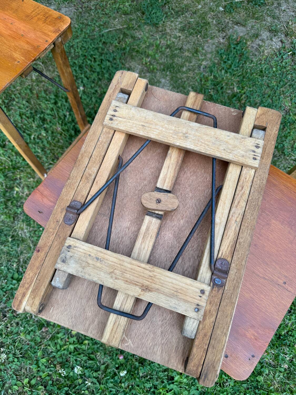 Old suitcase, table and stools, vintage wooden picnic