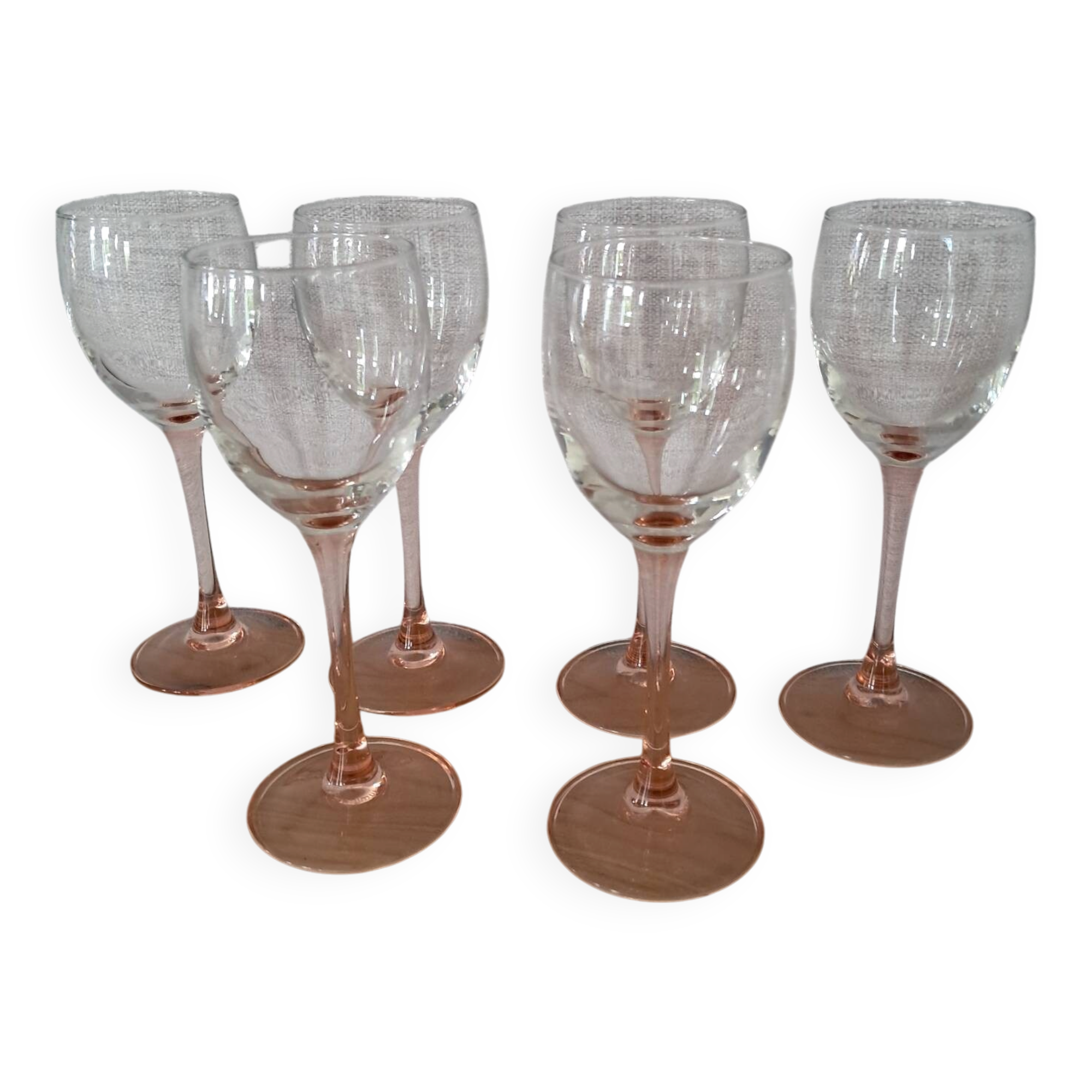 6 Luminarc wine glasses with pink stems from the 1980s.