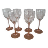 6 Luminarc wine glasses with pink stems from the 1980s.