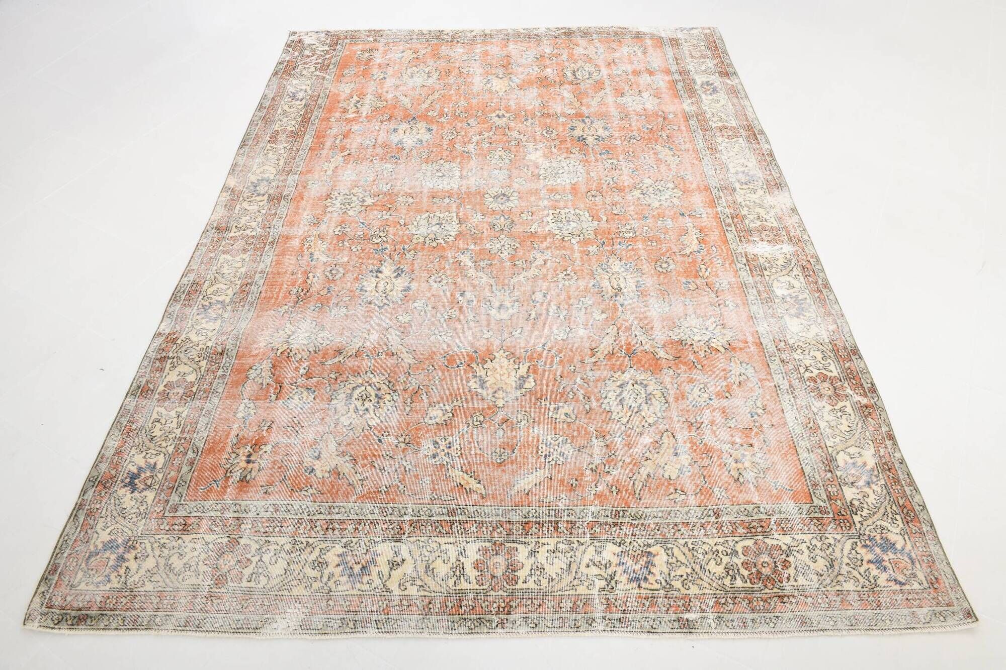 8x11 Orange & Blue Bordered Turkish Vintage Rug, Rugs For Bedroom, Antique