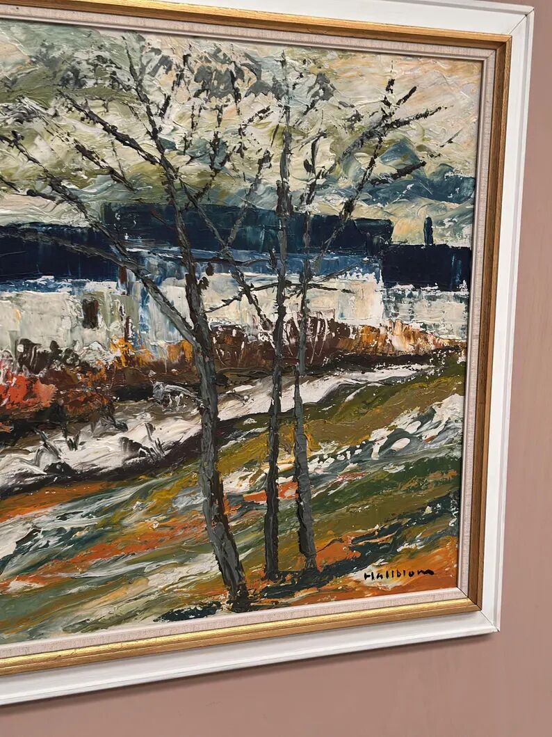 Large Original Swedish Oil on Panel – “Landscape with Houses and Trees” by Stig Hallblom – Signed – Vintage & Framed 90×59.5cm (35.4"×23.4")