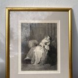 Antique print of the nineteenth gilded frame - maternity - period lithograph