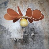 Pendant light flower 12 blades linen, rattan and vintage globe