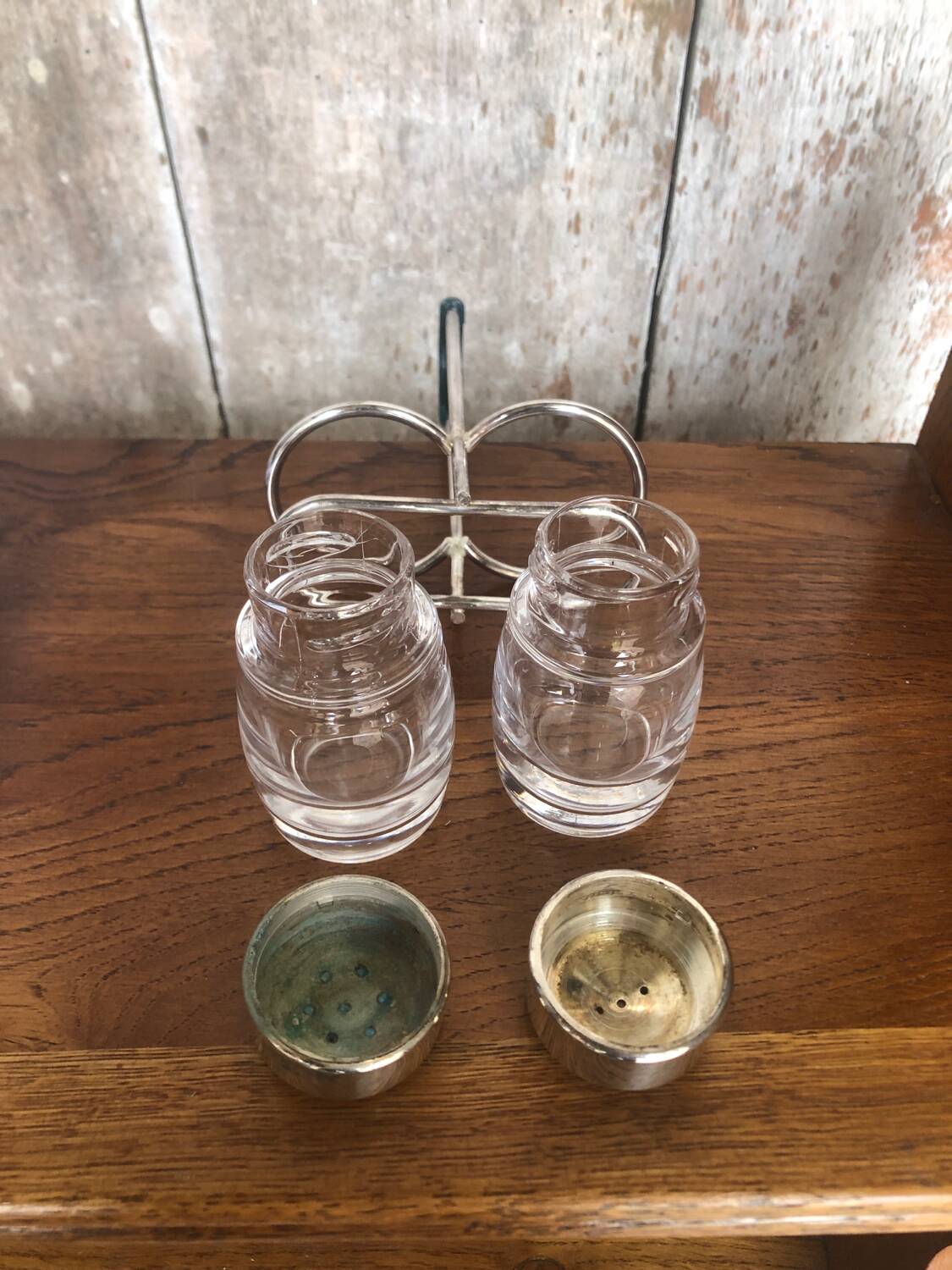 Old Service Salt Pepper Shaker Molded Glass + Vintage Silver Metal