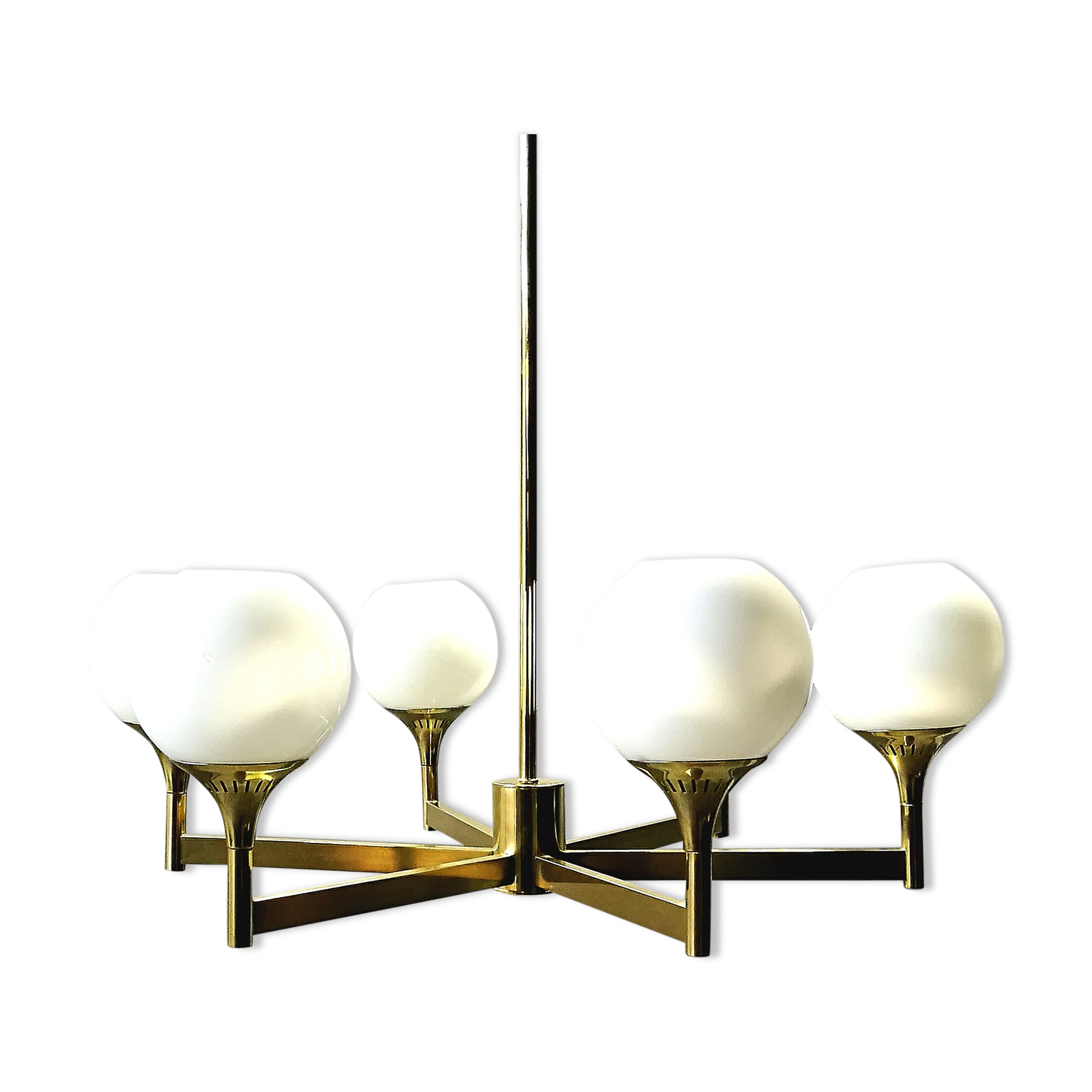 Lustre italien laiton et boules opaline blanche
