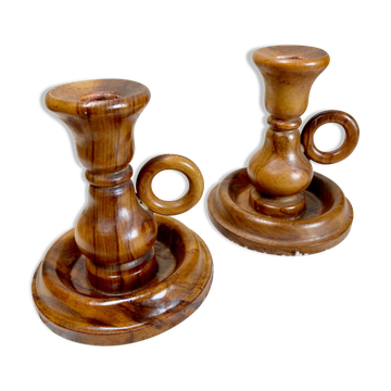 Set of 2 olive wood candle holders