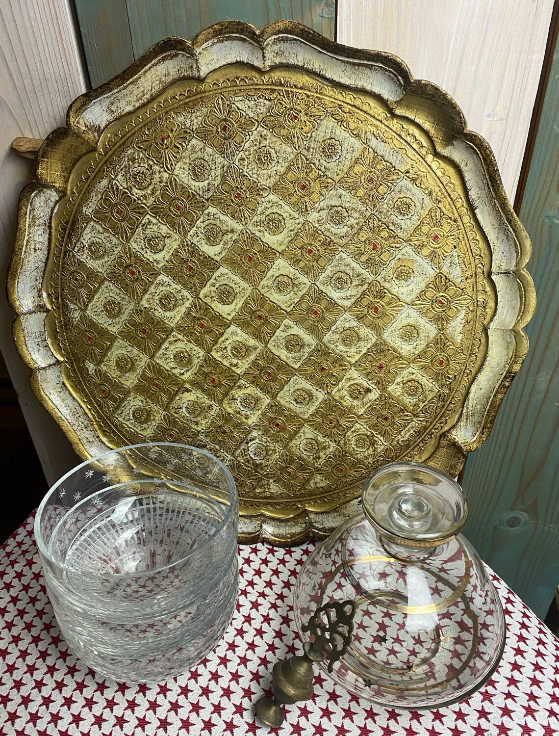 Grand plateau en bois florentin vintage