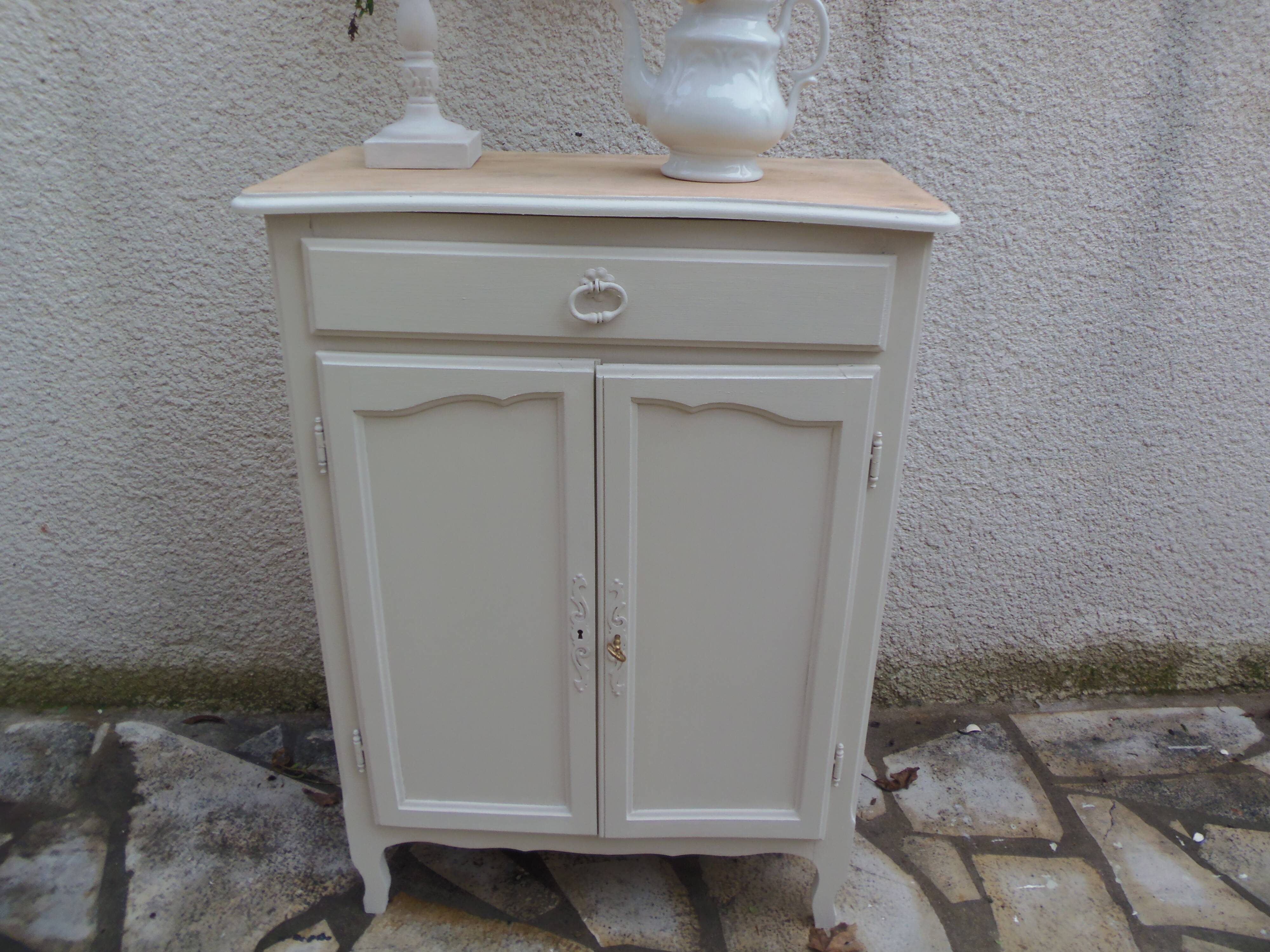 Small vintage buffet reimagined in pearl grey, wooden top.
