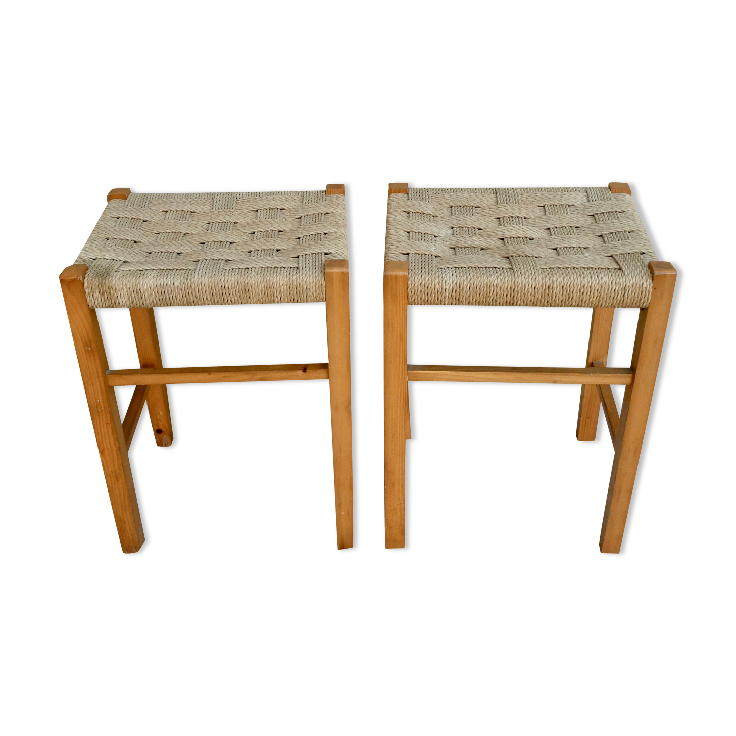 Pair of light wood stools and braided rope, 60s