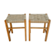 Pair of light wood stools and braided rope, 60s