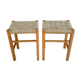 Paire de tabourets en bois clair et corde tressée, années 60
