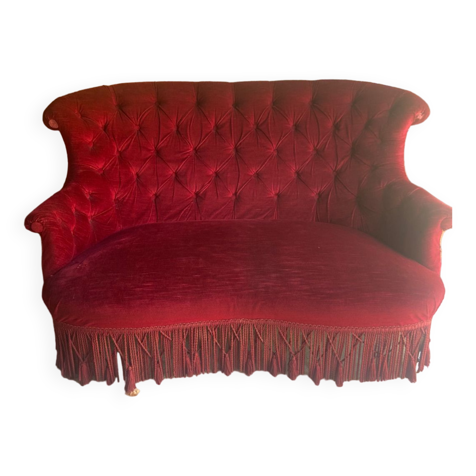 Small old Napoleon III toad sofa in red velvet