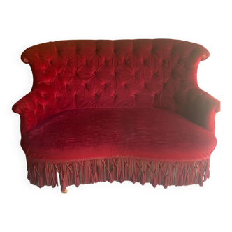Small old Napoleon III toad sofa in red velvet