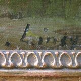Painting "Landscape with the stork" by Th. Linsyer XIXth