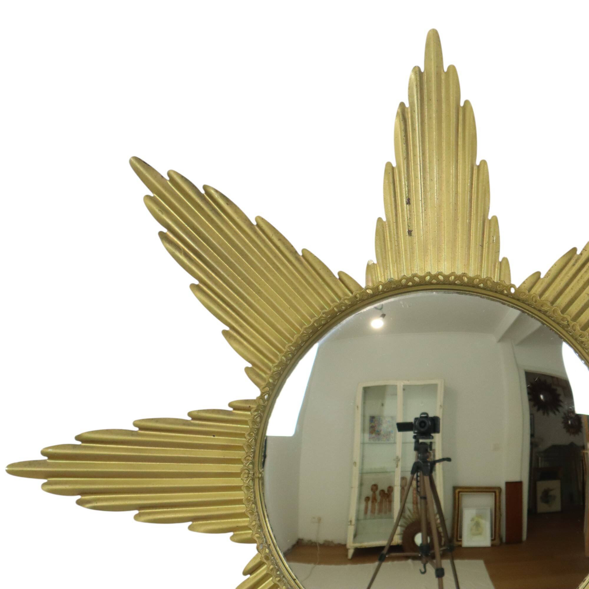 Large Starburst Sunburst Mirror Convex Gold Metal