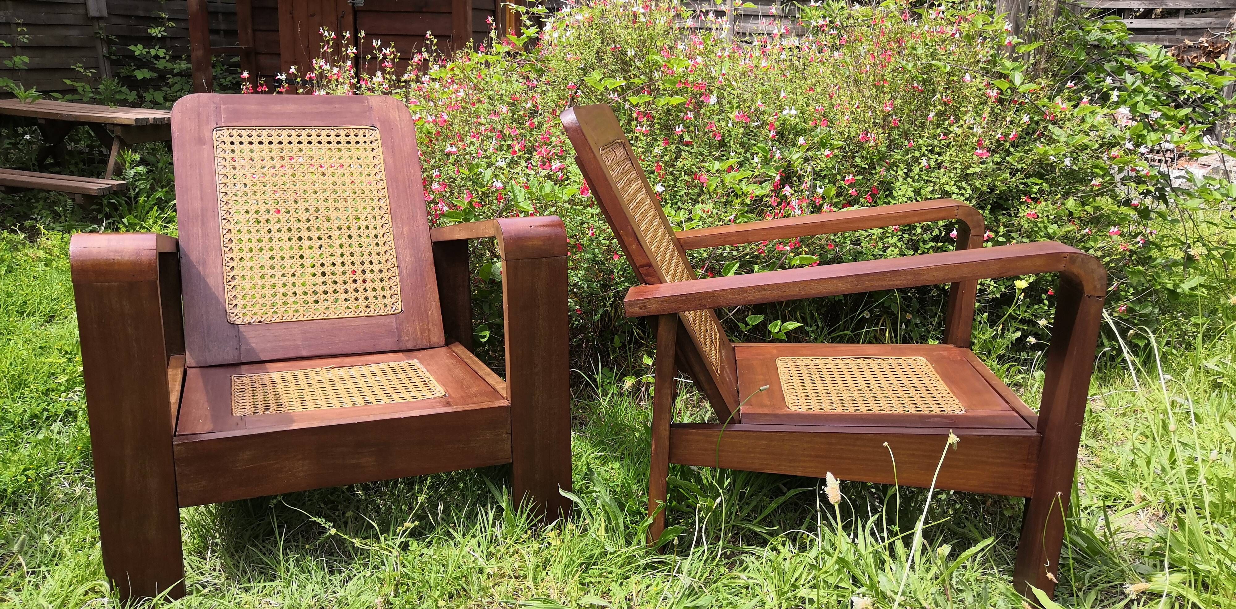 Pair of vintage rosewood and canning armchairs, Burma 1950