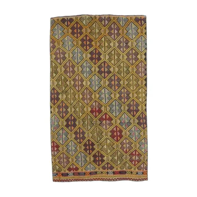 Yellow Handwoven Vintage Turkish Wool Flatweave Kilim Rug 118x200