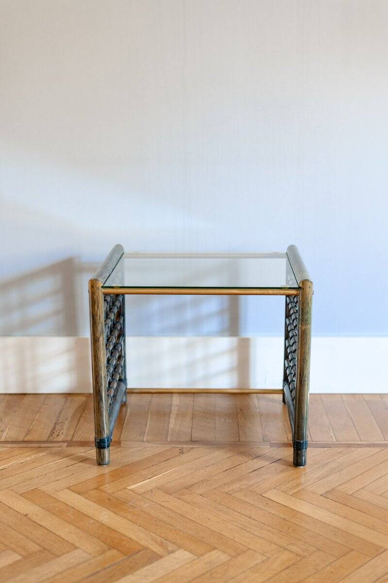 Vintage nesting tables in bamboo with glass top by Gallotti & Radice, 1970, set of 3.