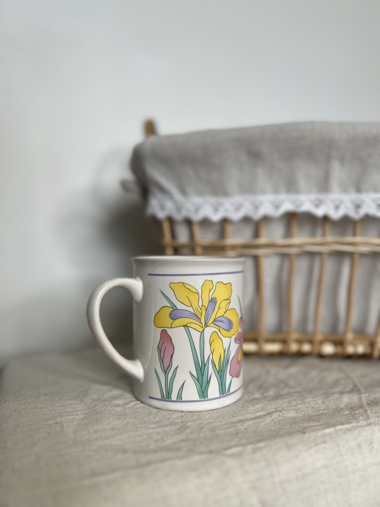 Vintage white porcelain mug or mug retro floral pattern