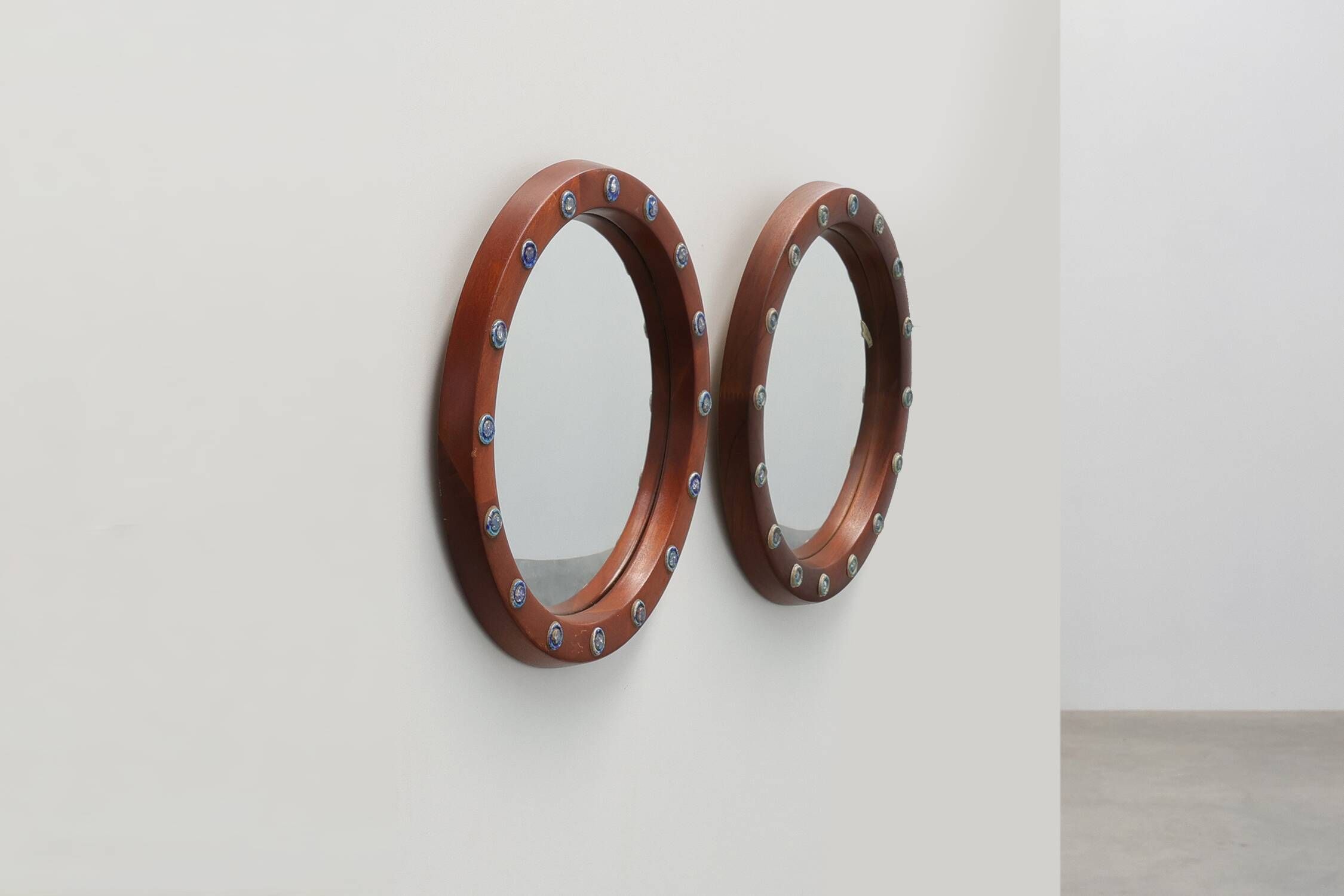 Pair of Deknudt Round Mirrors with Blue Ceramic Studs, Belgium, 1960s