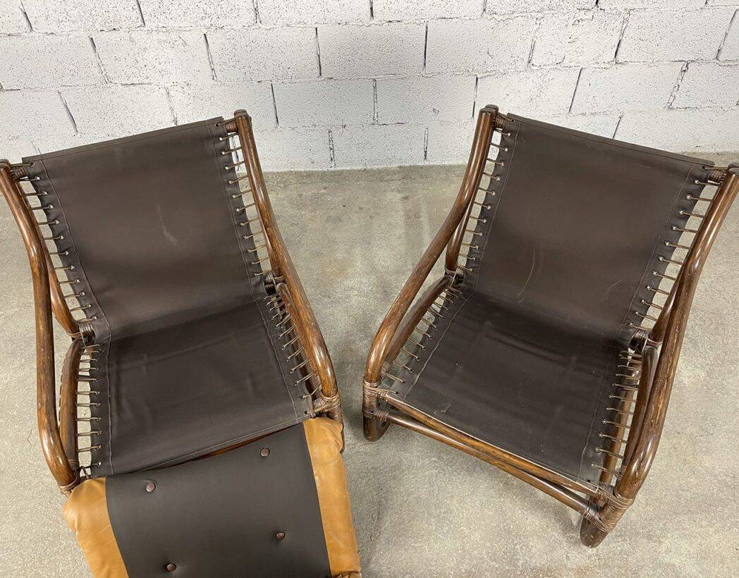 Vintage bamboo and leather armchairs from the 60s