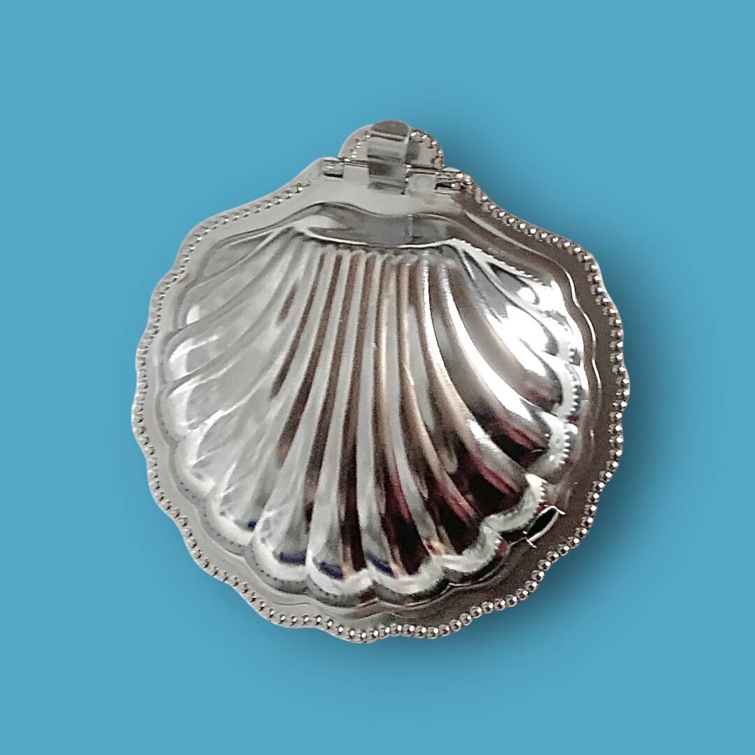 Vintage stainless steel and glass shell butter dish with knife - in its box