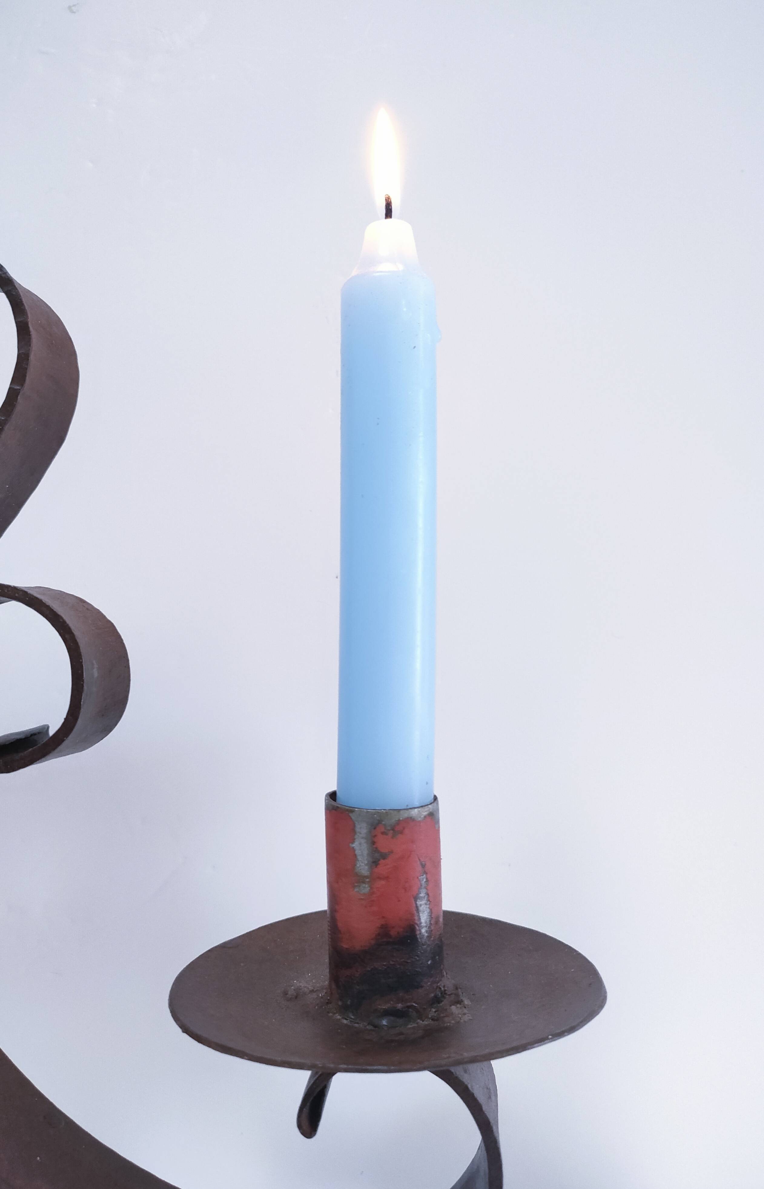 Patinated wrought iron candle holder heart pattern two lights