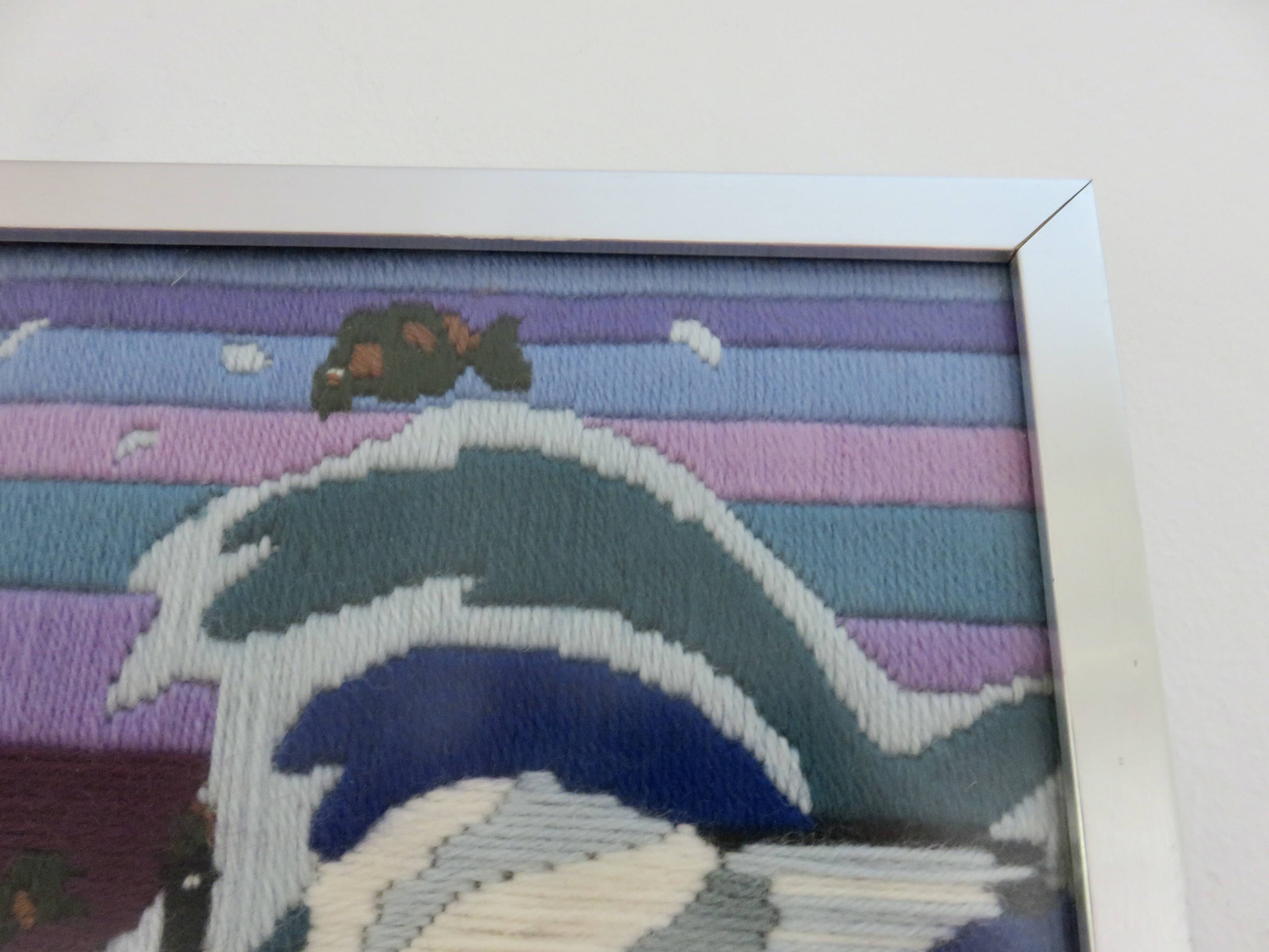 Futuristic tapestry, made of wool, framed, seagulls, ocean, fish, 1970.