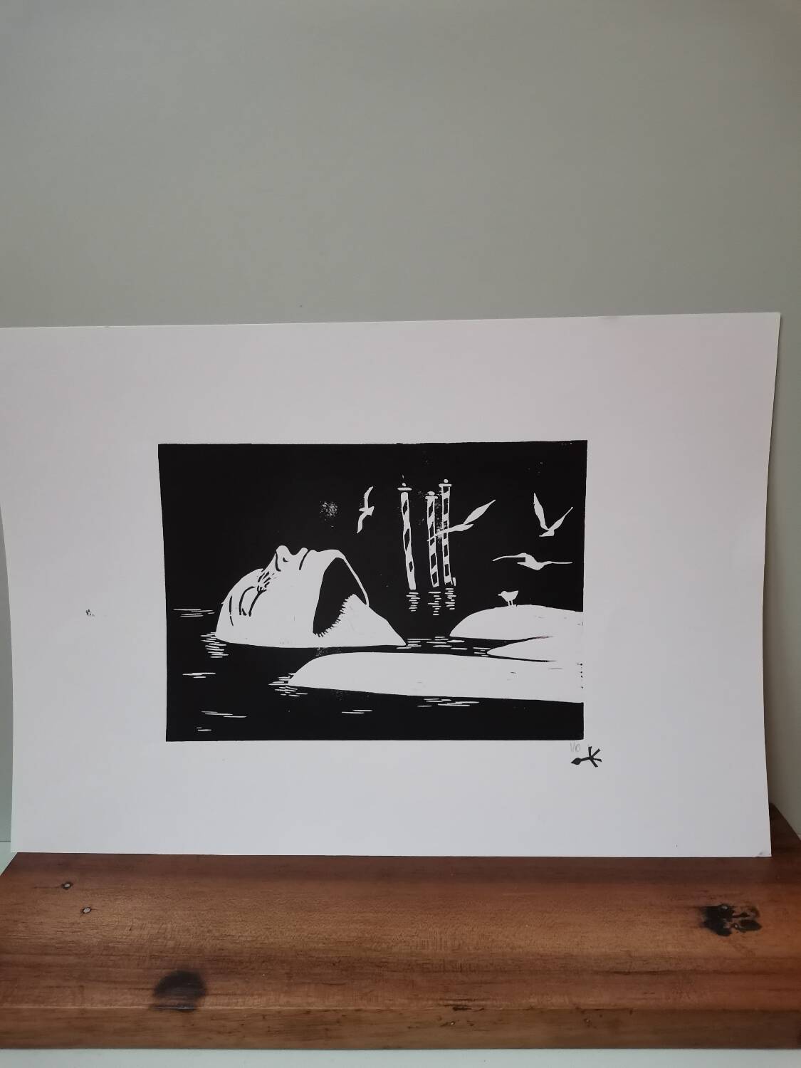 Woodcut engraving original print stamped numbered motif woman in Venice and birds