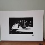 Woodcut engraving original print stamped numbered motif woman in Venice and birds