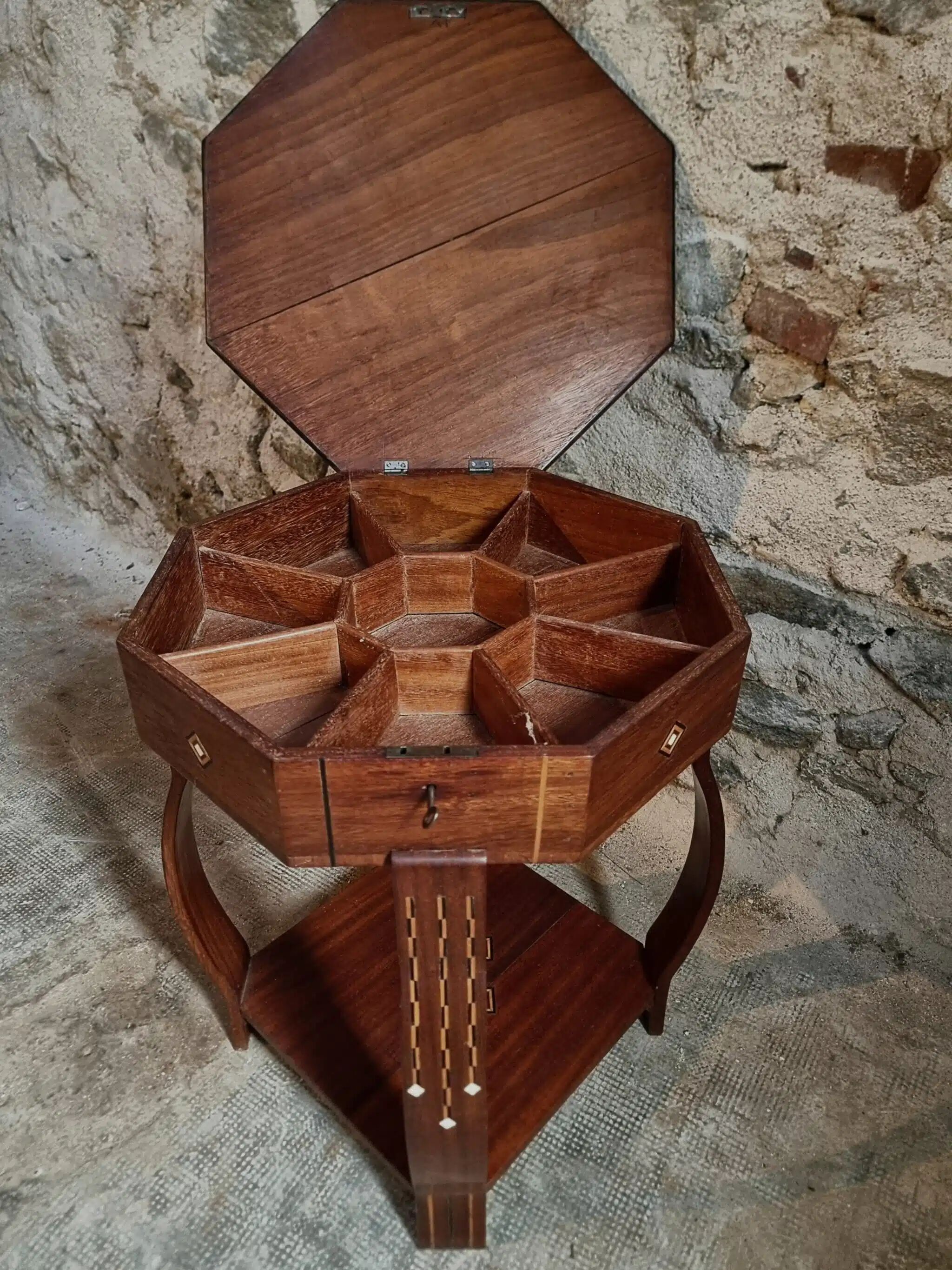 Table d'appoint incrustée, table à couture, bois d'acajou, table de rangement Art déco