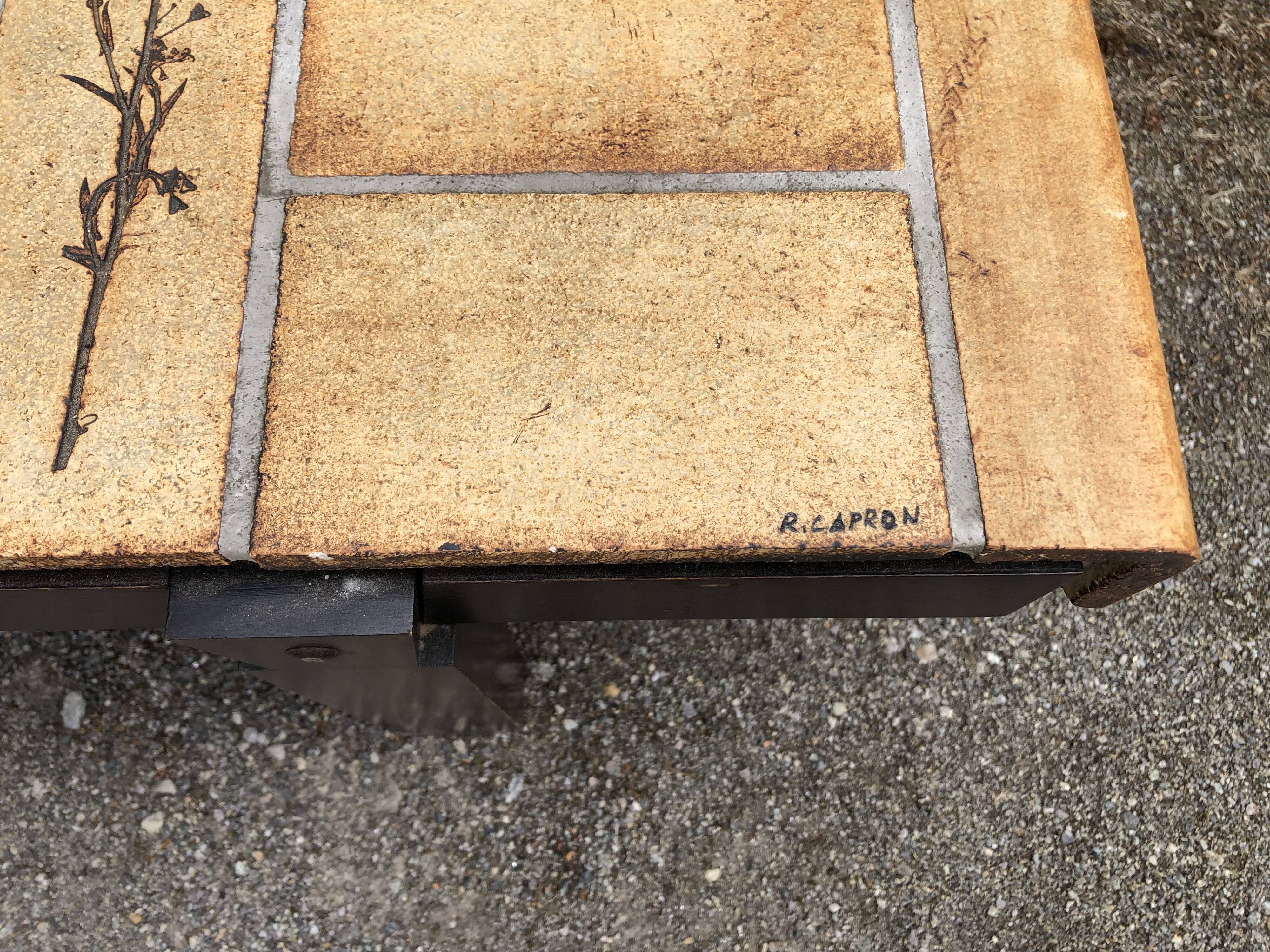 Vintage ceramic coffee table with herbarium decorations by Roger Capron, solid beech base.