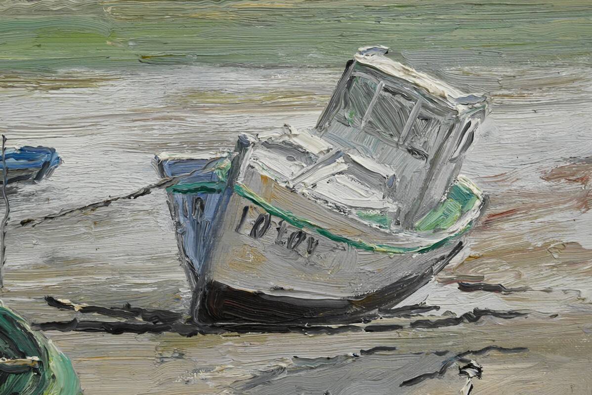 Painting “Boats at Low Tide”, signed J-P. Guinegault – 2nd part 20th century