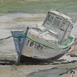 Painting “Boats at Low Tide”, signed J-P. Guinegault – 2nd part 20th century