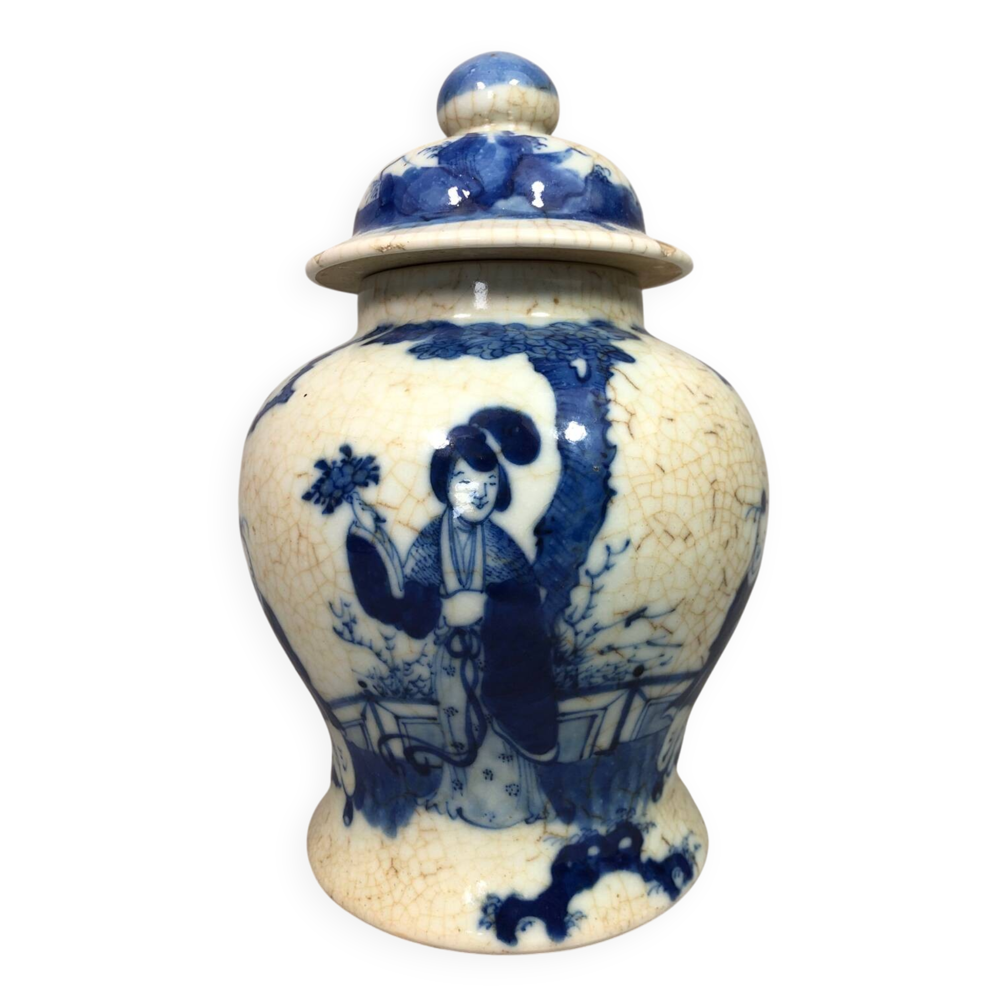 Chinese porcelain blue/white crackle jar 19th century? Court lady