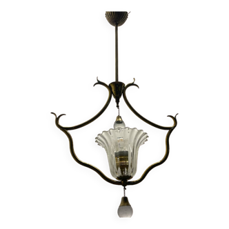 Suspension lumineuse en laiton et verre de Murano années 1950